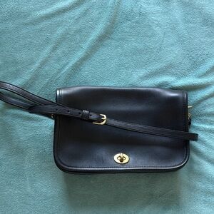 Coach Vintage Black Leather Crossbody Bag with Gold Turn-Lock